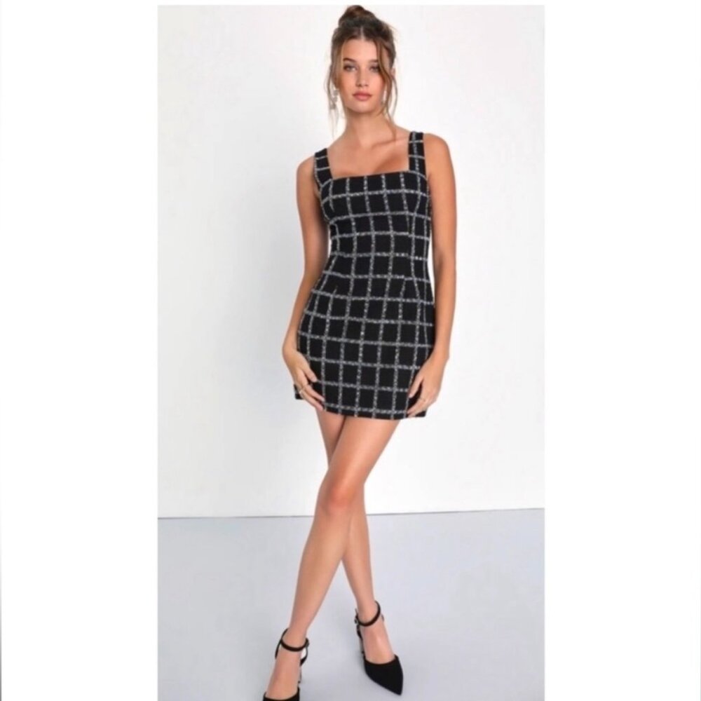 Jason Wu Black Tweed Gold Lurex Plaid Stitching Mini Sheath Dress